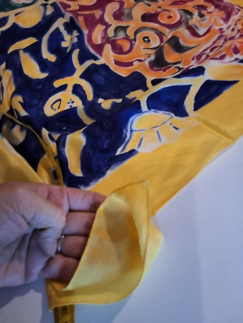 Vintage Silk Feel Scarf Rolled Edge Colorblock Floral Baroque Yellow Border